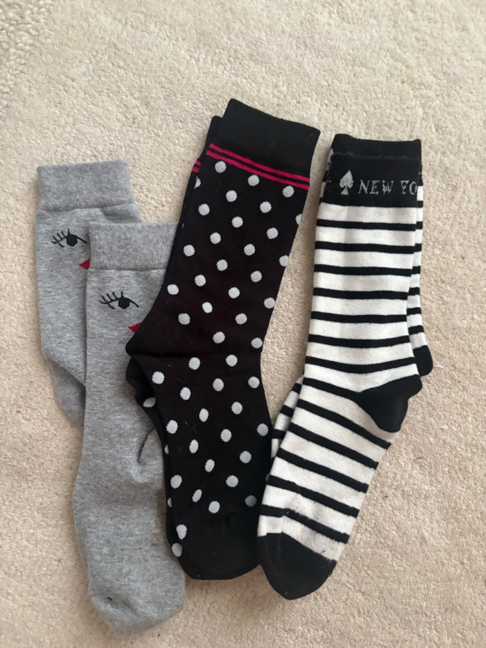 Kate Spade Socks 3 Pairs Cute Black White Grey